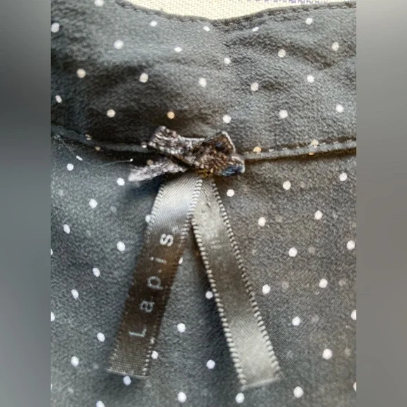 Lapis Black Sheer Polka Dot Popover Blouse, Short Puff Sleeve, Size Medium - Picture 9 of 11